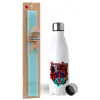 Easter Set, metallic stainless steel water bottle (750ml) & aromatic flat Easter candle (30cm) (TURQUOISE)