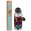 Easter Set, metallic silver aluminum water bottle (500ml) & scented flat Easter candle (30cm) (TURQUOISE)
