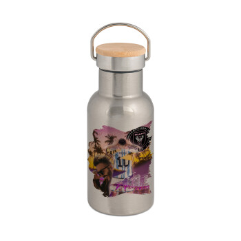 Lionel Messi Miami, Μεταλλικό παγούρι θερμός (Stainless steel) Ασημένιο με ξύλινο καπακι (bamboo), διπλού τοιχώματος, 350ml