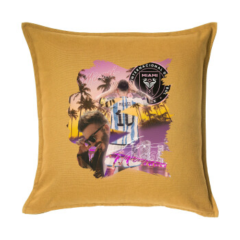 Lionel Messi Miami, Μαξιλάρι καναπέ Κίτρινο 100% βαμβάκι, περιέχεται το γέμισμα (50x50cm)