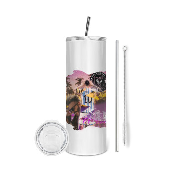 Lionel Messi Miami, Tumbler ποτήρι θερμό από ανοξείδωτο ατσάλι 600ml, με μεταλλικό καλαμάκι & βούρτσα καθαρισμού