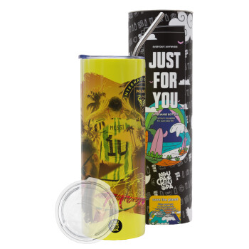 Lionel Messi Miami, Neon Yellow Travel Tumbler θερμό, μεταλλικό καλαμάκι(Ανωξείδωτο 304 Food grade, BPA free, 600ml)