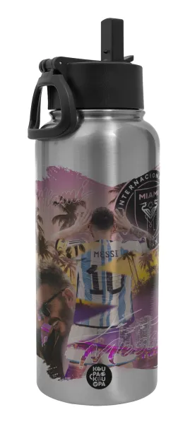 Lionel Messi Miami — Metal mug thermo Silver with Straw and Spout Lid (Stainless steel), double wall, 950ml