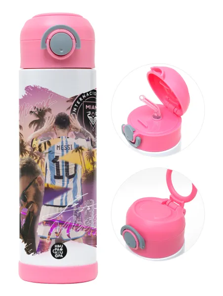 Lionel Messi Miami — Children's hot water bottle, stainless steel, with safety straw, PINK (500ml)