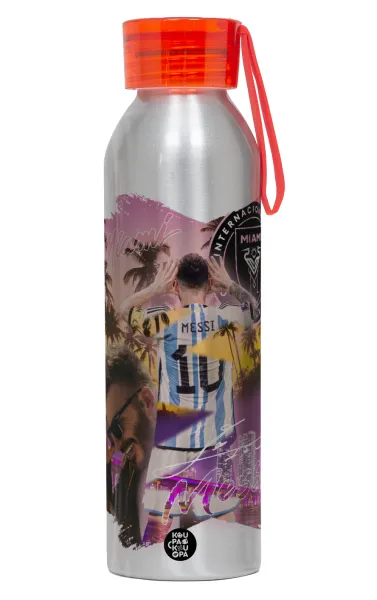 Lionel Messi Miami — Αλουμινένιο Αθλητικό Μπουκάλι 650ml – Ασημί με Κόκκινο Καπάκι και Λουράκι Σιλικόνης