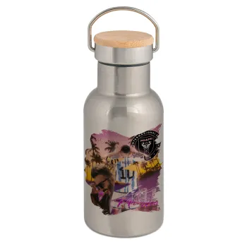 Lionel Messi Miami, Μεταλλικό παγούρι θερμός (Stainless steel) Ασημένιο με ξύλινο καπακι (bamboo), διπλού τοιχώματος, 350ml