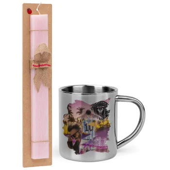 Lionel Messi Miami, Easter Set, metallic thermal cup (300ml) & aromatic flat Easter candle (30cm) (PINK)