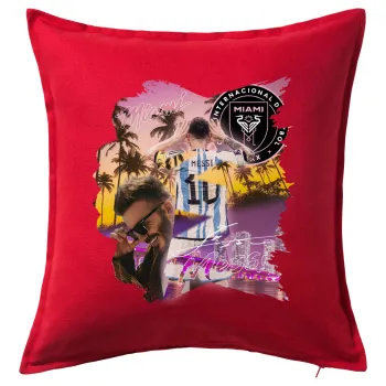 Lionel Messi Miami, Μαξιλάρι καναπέ Κόκκινο 100% βαμβάκι, περιέχεται το γέμισμα (50x50cm)