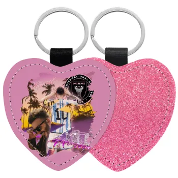 Lionel Messi Miami, Μπρελόκ PU δερμάτινο glitter καρδιά ΡΟΖ