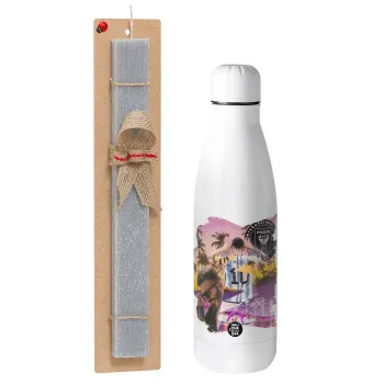 Lionel Messi Miami, Easter Set, metallic stainless thermos bottle (500ml) & scented flat Easter candle (30cm) (GRAY)