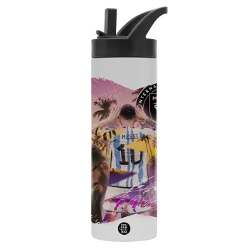 Lionel Messi Miami, Μεταλλικό παγούρι θερμός με καλαμάκι & χειρολαβή, ανοξείδωτο ατσάλι (Stainless steel 304), διπλού τοιχώματος, 600ml