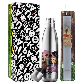 Lionel Messi Miami, Easter Set, metallic stainless thermos flask (500ml) & scented flat Easter candle (30cm) (GRAY)
