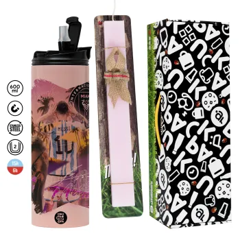 Lionel Messi Miami, Πασχαλινή Λαμπάδα με  ΡΟΖ Travel Tumbler θερμό (600ml, BPA free) & κερί αρωματικό πλακέ (30cm) (ΡΟΖ)