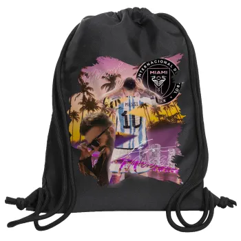Lionel Messi Miami, Τσάντα πλάτης πουγκί GYMBAG Μαύρη, με τσέπη (40x48cm) & χονδρά κορδόνια