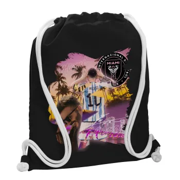 Lionel Messi Miami, Backpack pouch GYMBAG Black, with pocket (40x48cm) & thick white cords