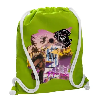 Lionel Messi Miami, Backpack bag GYMBAG LIME GREEN, with pocket (40x48cm) & thick cords
