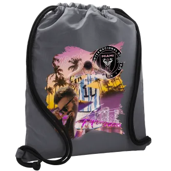 Lionel Messi Miami, Backpack pouch GYMBAG GREY, with pocket (40x48cm) & thick cords