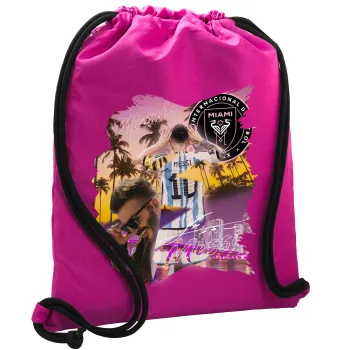 Lionel Messi Miami, Backpack pouch GYMBAG Fuchsia, with pocket (40x48cm) & thick cords
