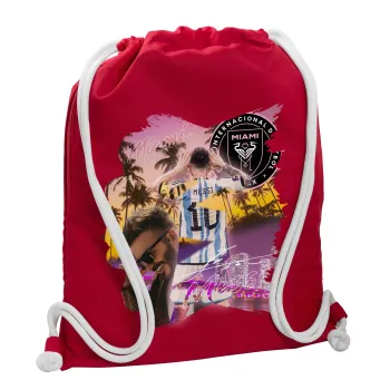 Lionel Messi Miami, Backpack pouch GYMBAG Red, with pocket (40x48cm) & thick cords