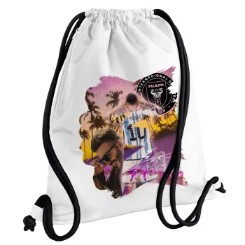 Lionel Messi Miami, Τσάντα πλάτης πουγκί GYMBAG λευκή, με τσέπη (40x48cm) & χονδρά κορδόνια