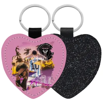 Lionel Messi Miami, Μπρελόκ PU δερμάτινο glitter καρδιά ΜΑΥΡΟ