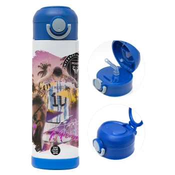 Lionel Messi Miami, Children's hot water bottle, stainless steel, with safety straw, BLUE (500ml)