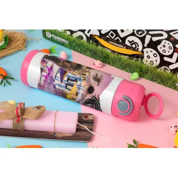 Lionel Messi Miami, Πασχαλινή Λαμπάδα με Παιδικό παγούρι θερμό, ανοξείδωτο, με καλαμάκι ασφαλείας, ΡΟΖ (500ml)