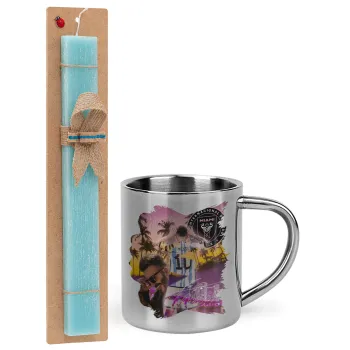 Lionel Messi Miami, Easter Set, metallic thermal cup (300ml) & aromatic flat Easter candle (30cm) (TURQUOISE)