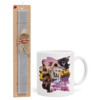 Lionel Messi Miami, Πασχαλινή Λαμπάδα με Κούπα κεραμική (330ml) & κερί αρωματικό πλακέ (30cm) (ΓΚΡΙ)