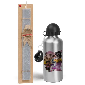Lionel Messi Miami, Easter Set, metallic silver aluminum water bottle (500ml) & aromatic flat Easter candle (30cm) (GRAY)