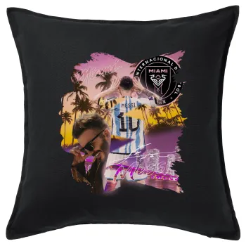 Lionel Messi Miami, Μαξιλάρι καναπέ Μαύρο 100% βαμβάκι, περιέχεται το γέμισμα (50x50cm)