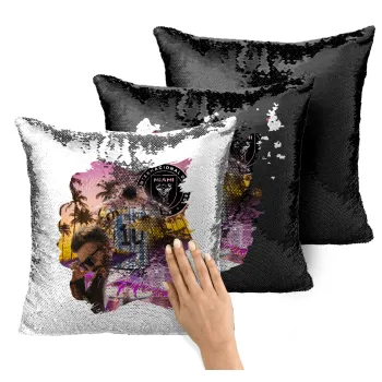 Lionel Messi Miami, Μαξιλάρι καναπέ Μαγικό Μαύρο με πούλιες 40x40cm περιέχεται το γέμισμα