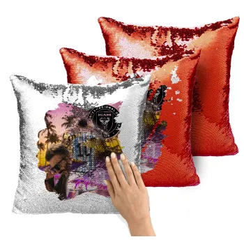 Lionel Messi Miami, Μαξιλάρι καναπέ Μαγικό Κόκκινο με πούλιες 40x40cm περιέχεται το γέμισμα