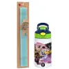 Easter Set, Children's thermal stainless steel bottle with safety straw, green/blue (350ml) & aromatic flat Easter candle (30cm) (TURQUOISE)