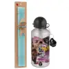 Easter Set, metallic silver aluminum water bottle (500ml) & scented flat Easter candle (30cm) (TURQUOISE)