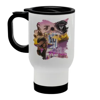 Lionel Messi Miami, Κούπα ταξιδιού ανοξείδωτη με καπάκι, διπλού τοιχώματος (θερμό) λευκή 450ml