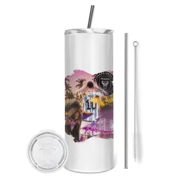 Lionel Messi Miami, Tumbler stainless steel 600ml, with metal straw & cleaning brush