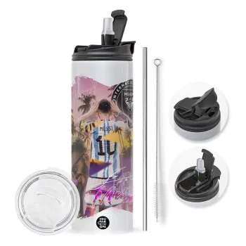 Lionel Messi Miami, Travel Tumbler θερμό με διπλό καπάκι, μεταλλικό καλαμάκι και βούρτσα καθαρισμού (Ανωξείδωτο 304 Food grade, BPA free, 600ml)