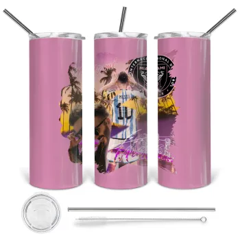 Lionel Messi Miami, Tumbler ποτήρι θερμό από ανοξείδωτο ατσάλι 600ml, με μεταλλικό καλαμάκι & βούρτσα καθαρισμού