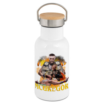 Conor McGregor Notorious, Μεταλλικό παγούρι θερμός (Stainless steel) Λευκό με ξύλινο καπακι (bamboo), διπλού τοιχώματος, 350ml