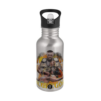 Conor McGregor Notorious, Water bottle Silver with straw, stainless steel 500ml