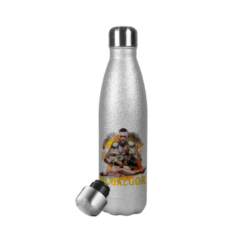 Conor McGregor Notorious, Μεταλλικό παγούρι θερμός Glitter Aσημένιο (Stainless steel), διπλού τοιχώματος, 500ml