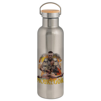 Conor McGregor Notorious, Μεταλλικό παγούρι θερμός (Stainless steel) Ασημένιο με ξύλινο καπακι (bamboo), διπλού τοιχώματος, 750ml