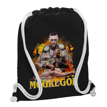 Conor McGregor Notorious, Backpack pouch GYMBAG Black, with pocket (40x48cm) & thick white cords
