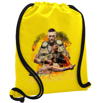 Conor McGregor Notorious, Τσάντα πλάτης πουγκί GYMBAG Κίτρινη, με τσέπη (40x48cm) & χονδρά κορδόνια