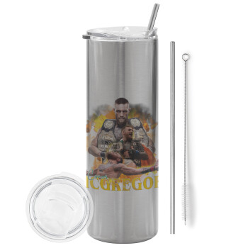 Conor McGregor Notorious, Eco friendly stainless steel Silver tumbler 600ml, with metal straw & cleaning brush