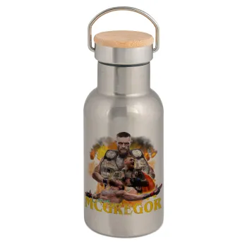 Conor McGregor Notorious, Μεταλλικό παγούρι θερμός (Stainless steel) Ασημένιο με ξύλινο καπακι (bamboo), διπλού τοιχώματος, 350ml