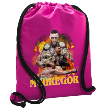 Conor McGregor Notorious, Τσάντα πλάτης πουγκί GYMBAG Φούξια, με τσέπη (40x48cm) & χονδρά κορδόνια