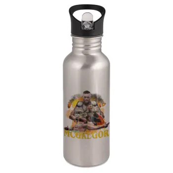 Conor McGregor Notorious, Παγούρι νερού Ασημένιο με καλαμάκι, ανοξείδωτο ατσάλι 600ml