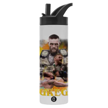 Conor McGregor Notorious, Metallic thermos bottle with straw & handle, stainless steel (Stainless steel 304), double-walled, 600ml.